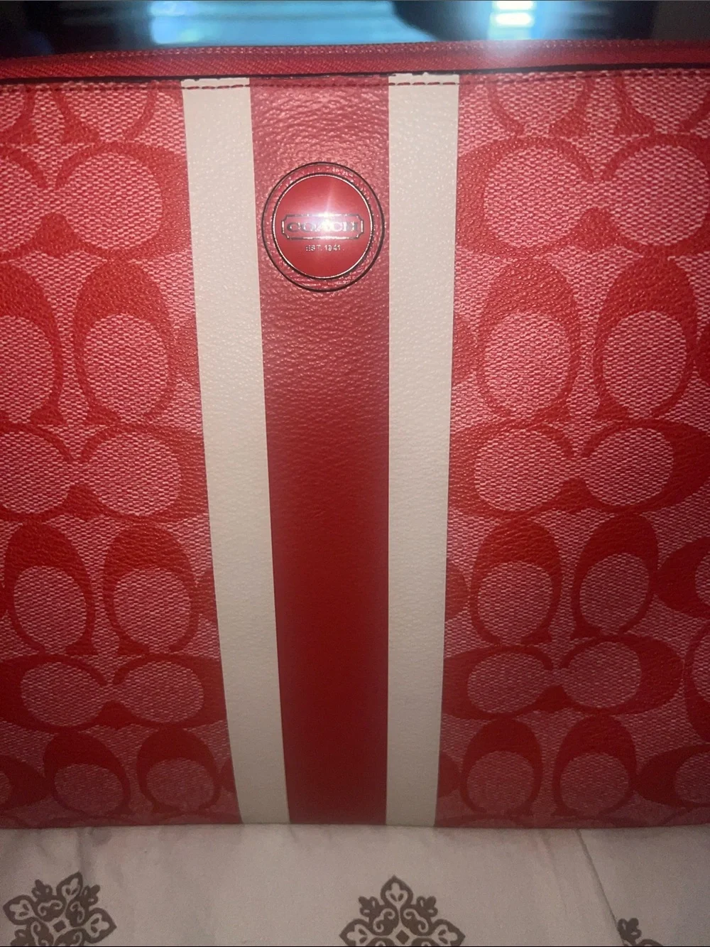 Coach Red Signature Stripe Crossbody Bag with White Racing Stripes